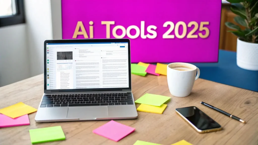 Workspace with laptop, smartphone, and “AI Tools 2025” sign representing content creation setup