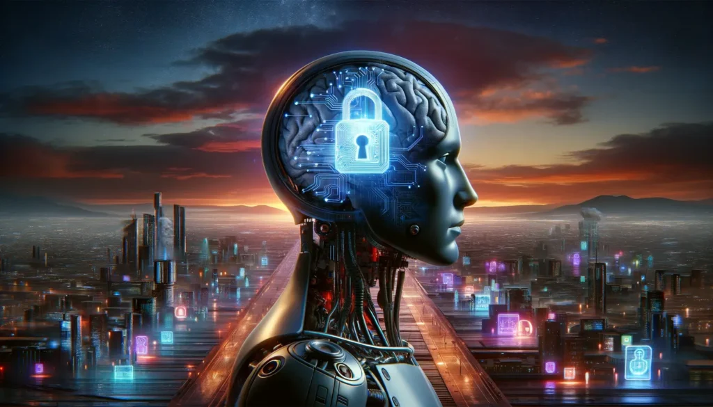 Futuristic humanoid robot with brain and glowing padlock symbol representing AI safety and cybersecurity