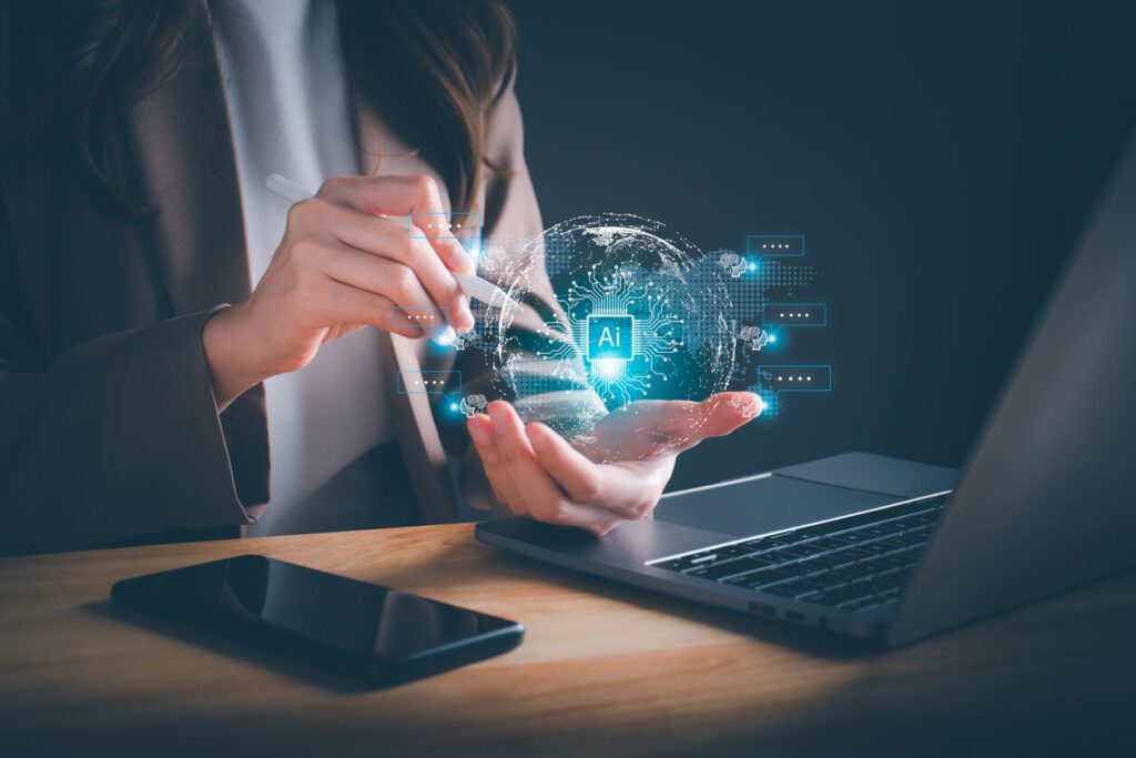 Person using stylus to interact with digital AI interface showing globe, chip, and marketing icons