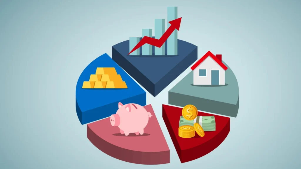 Pie chart with icons representing diversified income streams: savings, stocks, real estate, cash, and precious metals.