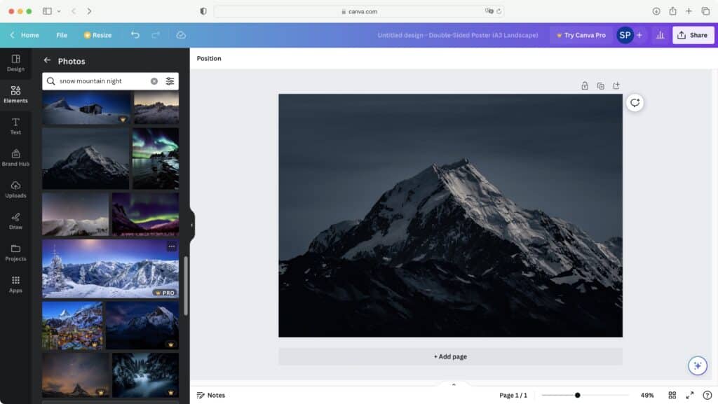 Tech blogger using Canva interface with snow mountain image and photo search sidebar visible
