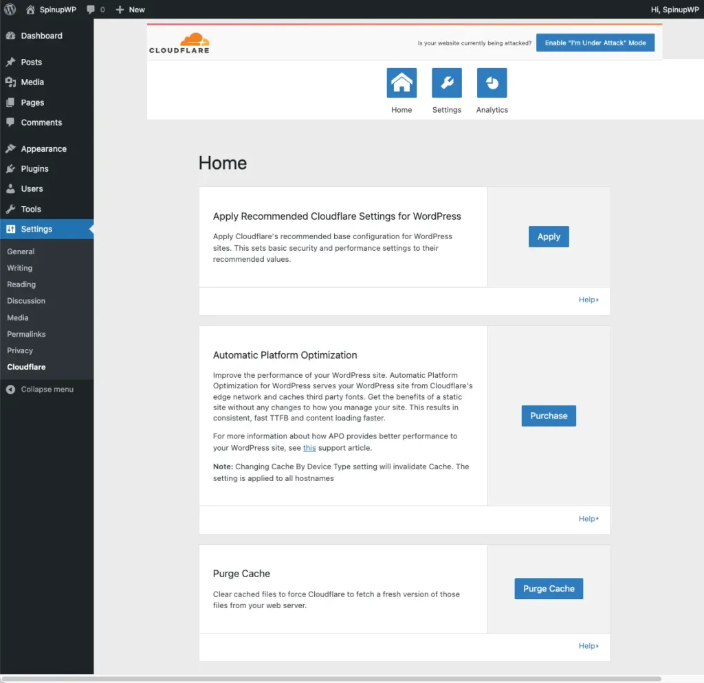 Screenshot of Cloudflare plugin settings in WordPress dashboard showing CDN security and performance options
