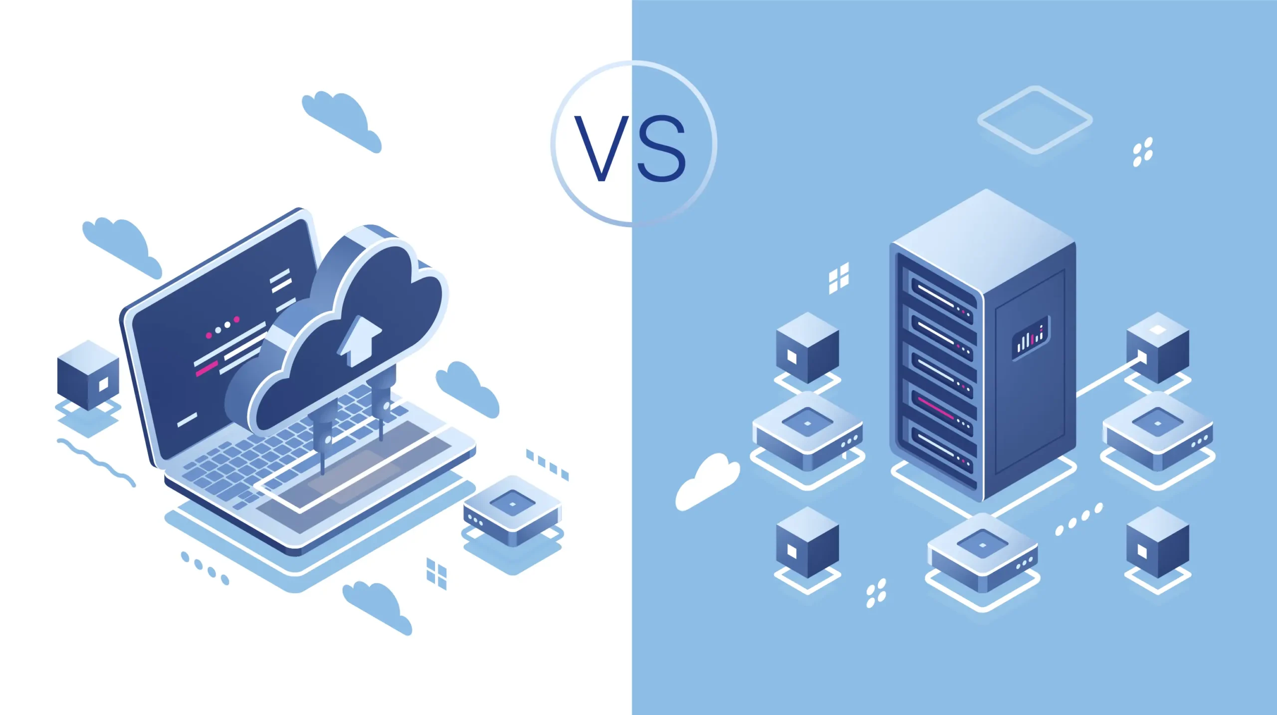 Digital illustration comparing cloud computing and traditional server-based computing with a central “VS” symbol.