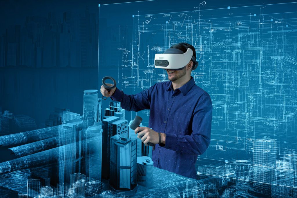 Person in VR headset interacting with 3D cityscape and architectural blueprint in immersive digital workspace
