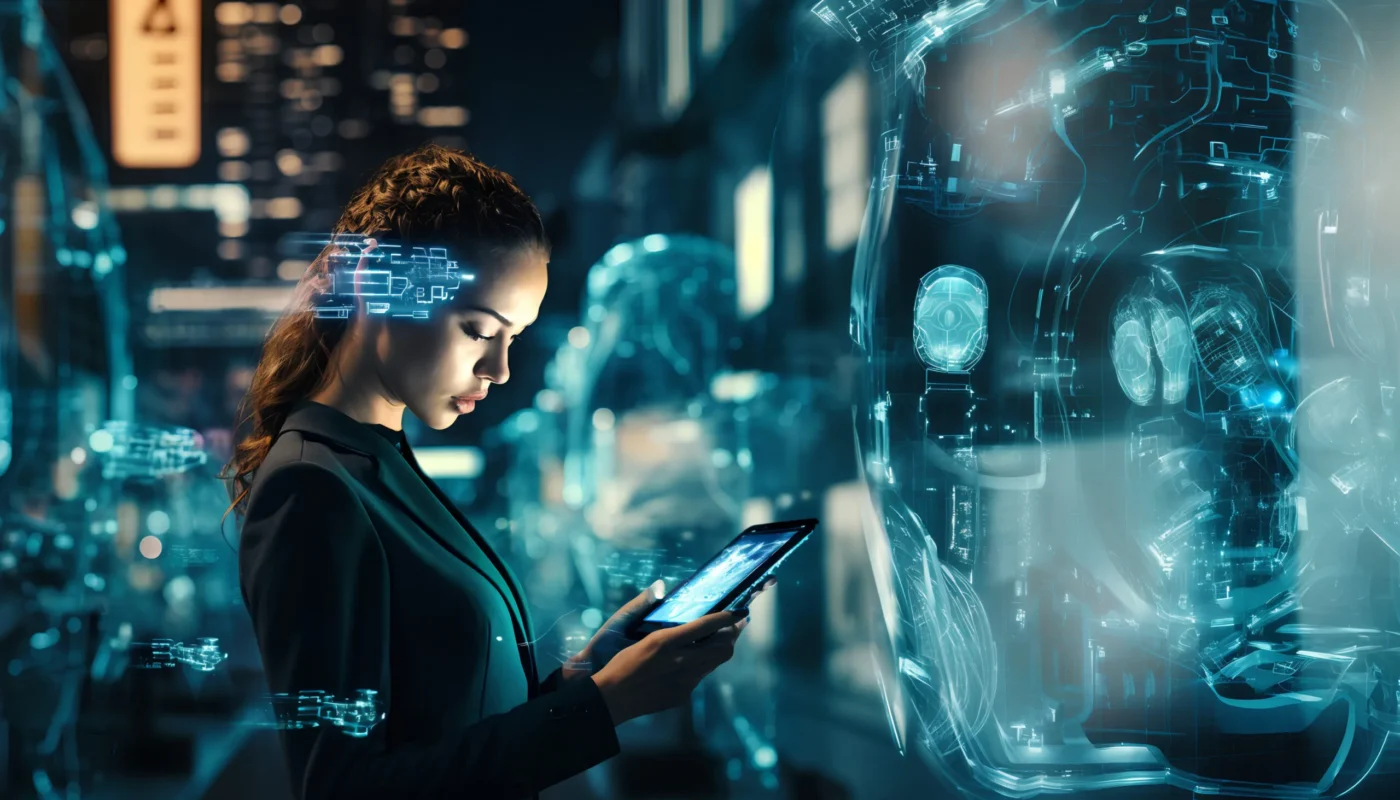 Person using tablet with holographic AI overlays in a futuristic urban setting