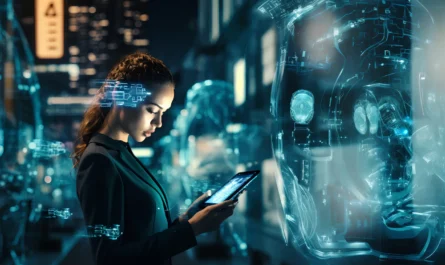 Person using tablet with holographic AI overlays in a futuristic urban setting