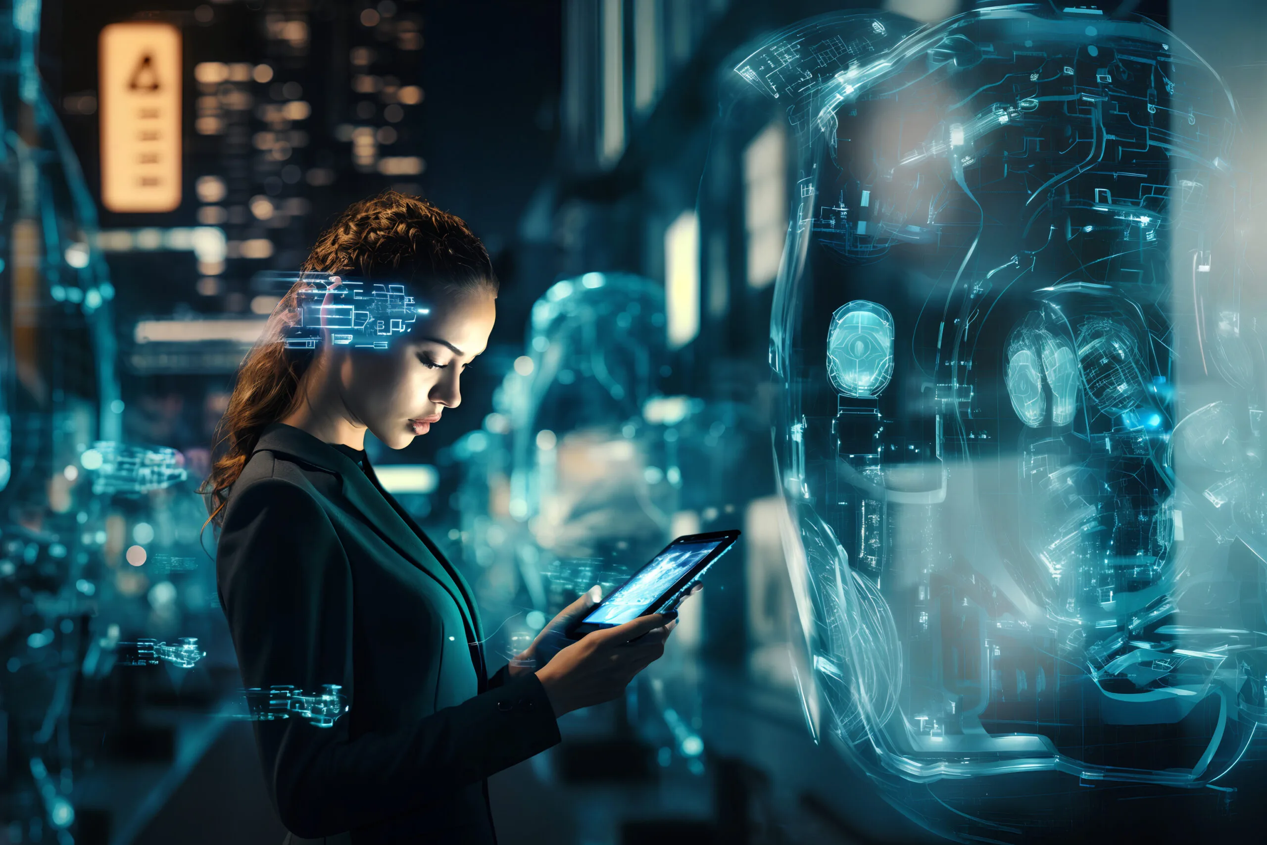 Person using tablet with holographic AI overlays in a futuristic urban setting