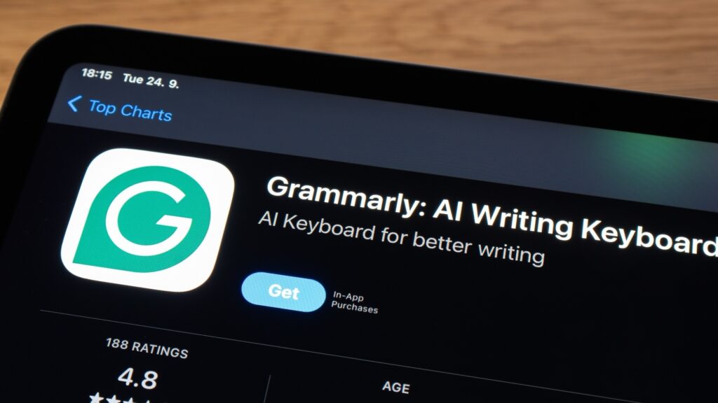 Tablet screen showing Grammarly app listing with download button and rating details which is used by tech bloggers