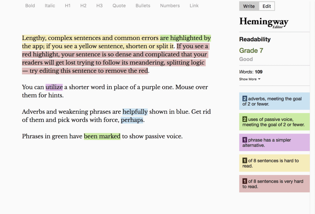 Hemingway Editor interface showing color-coded highlights for complex sentences, passive voice, and adverbs used by tech bloggers
