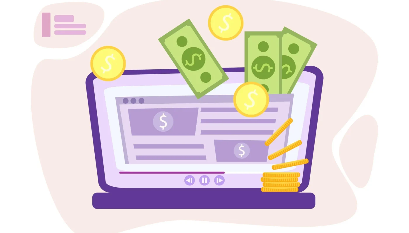 Illustration of a laptop surrounded by coins and currency, symbolizing online income generation.