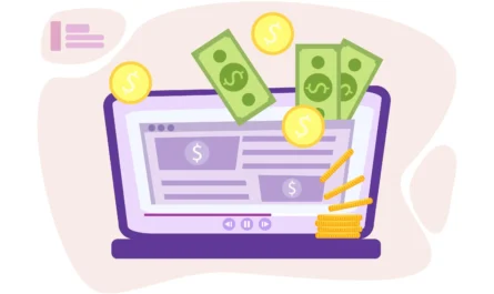 Illustration of a laptop surrounded by coins and currency, symbolizing online income generation.