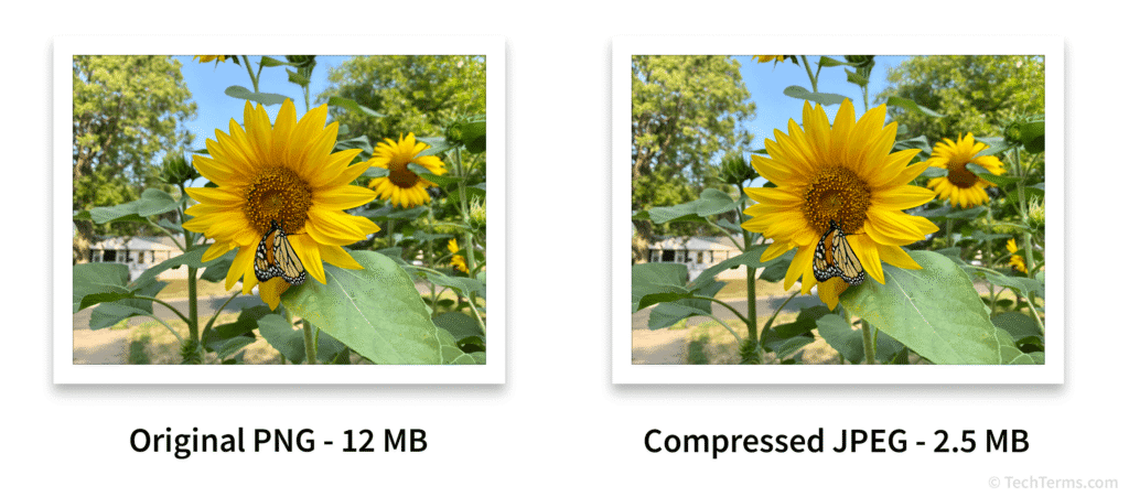 Side-by-side comparison of original PNG and compressed JPEG image showing file size and visual quality that helps to improve website speed optimization
