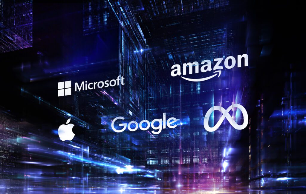 Logos of Microsoft, Amazon, Apple, Google, and Meta over glowing digital background representing Metaverse technology leaders