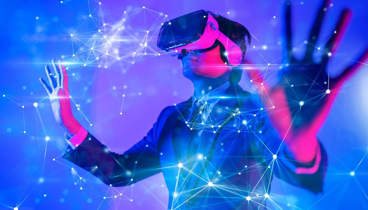 Person in VR headset interacting with glowing digital network interface in futuristic blue-pink lighting