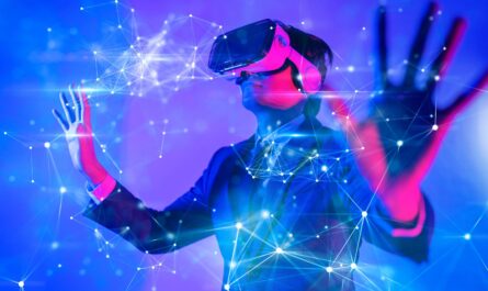 Person in VR headset interacting with glowing digital network interface in futuristic blue-pink lighting