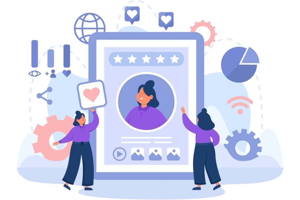 Digital illustration of social media profile interface with star ratings, media icons, and user interactions