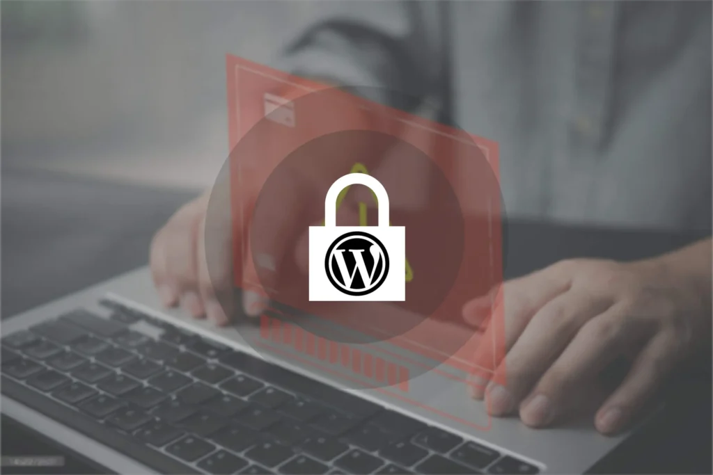 Person typing on laptop with red warning overlay and WordPress padlock icon indicating website security threat