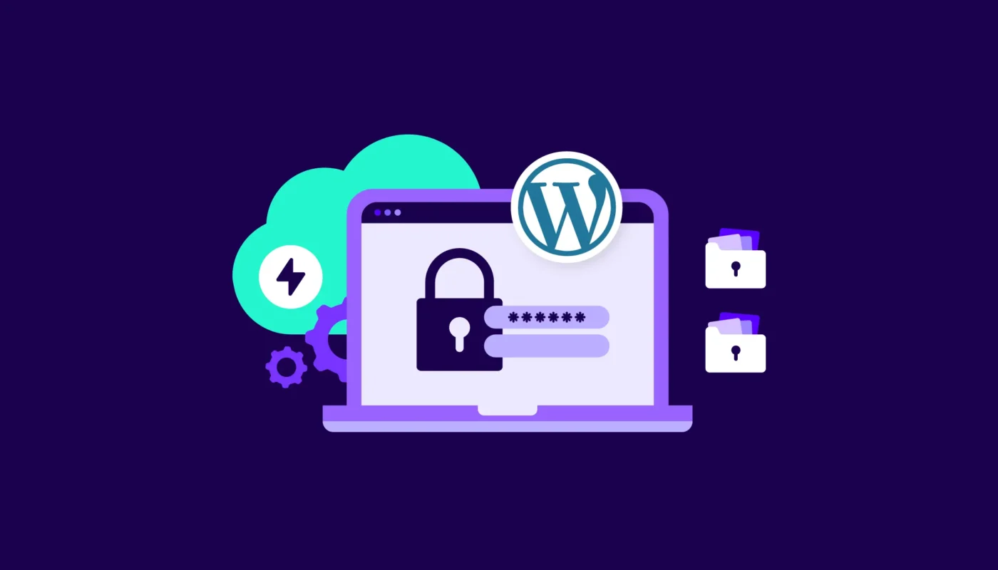 Illustration of WordPress website security with padlock, password field, and secure system icons