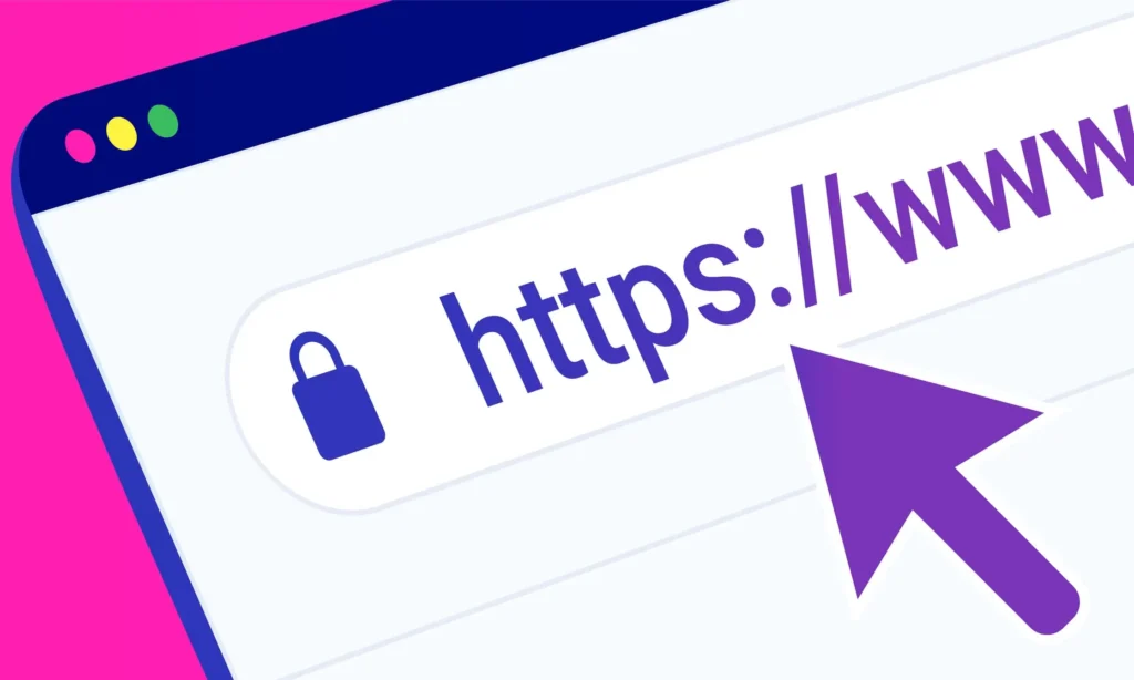 Illustration of a browser address bar with HTTPS and padlock icon indicating SSL security