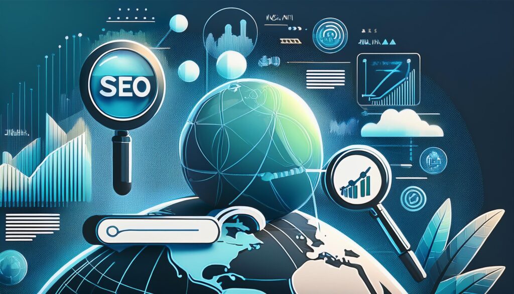Digital illustration of SEO magnifying glass surrounded by charts, graphs, and global connectivity icons