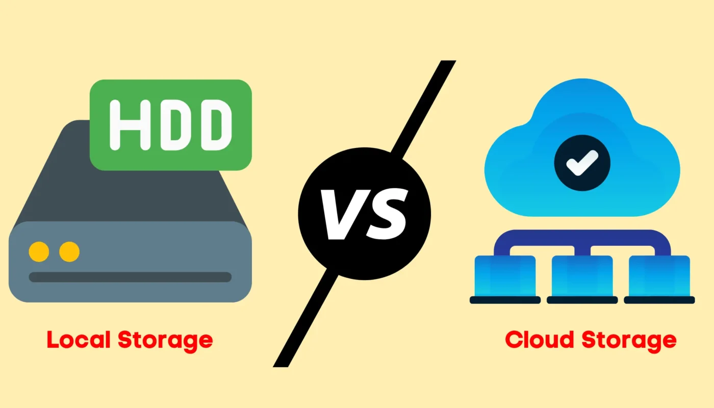 Illustration comparing local HDD storage and cloud-based storage with a central “VS” symbol.