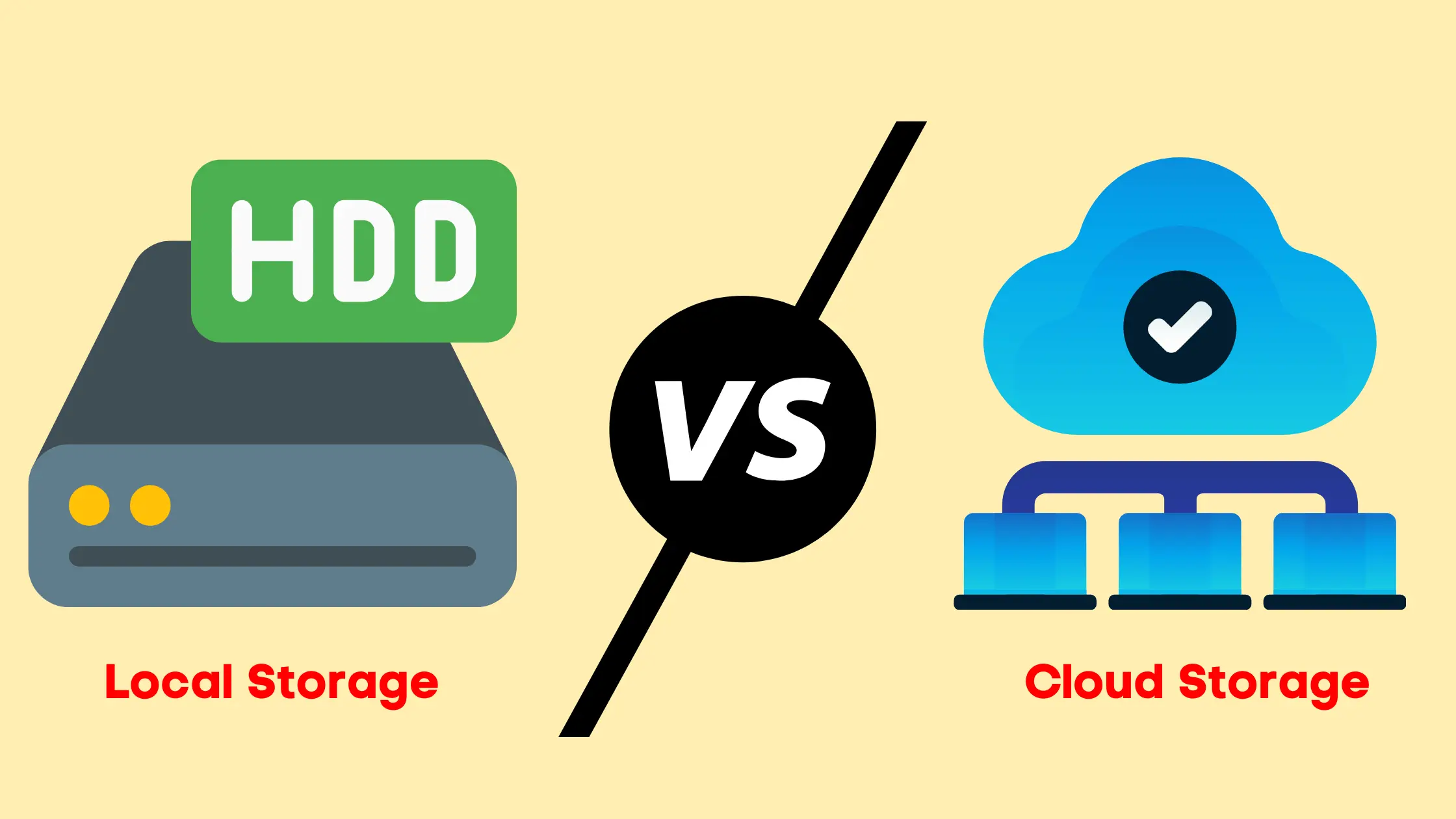 Illustration comparing local HDD storage and cloud-based storage with a central “VS” symbol.