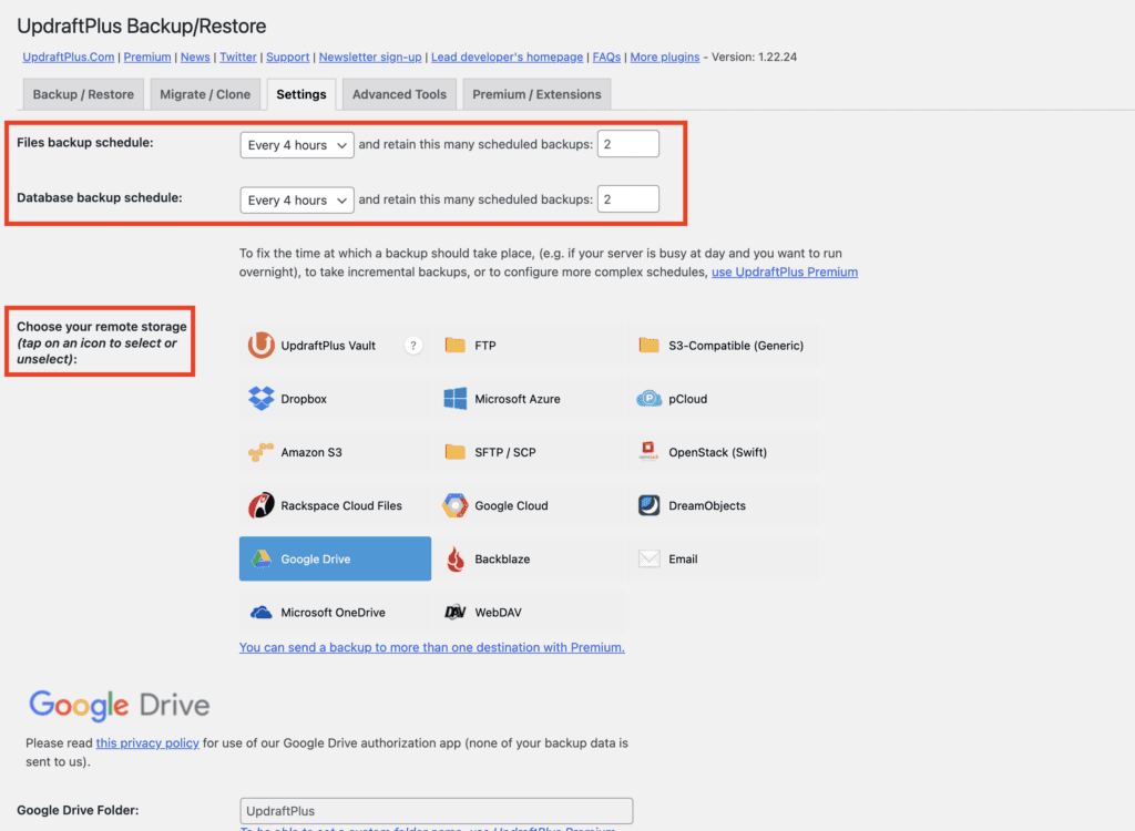 UpdraftPlus plugin settings page showing backup scheduling options and remote storage selections in WordPress used by tech bloggers