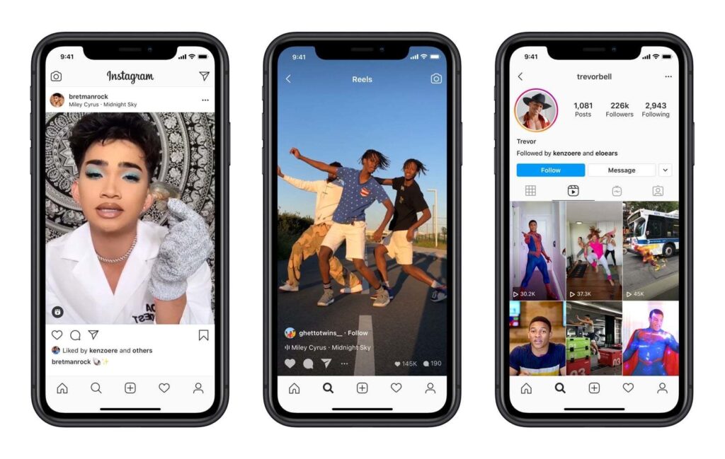 Three smartphones showing Instagram post, Reels video, and profile page with engagement metrics and video thumbnails