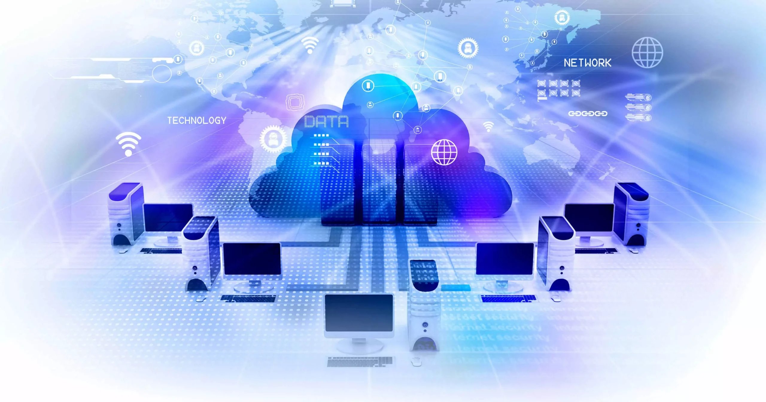 Digital illustration of multiple computers connected to a central cloud labeled “DATA,” symbolizing cloud storage.