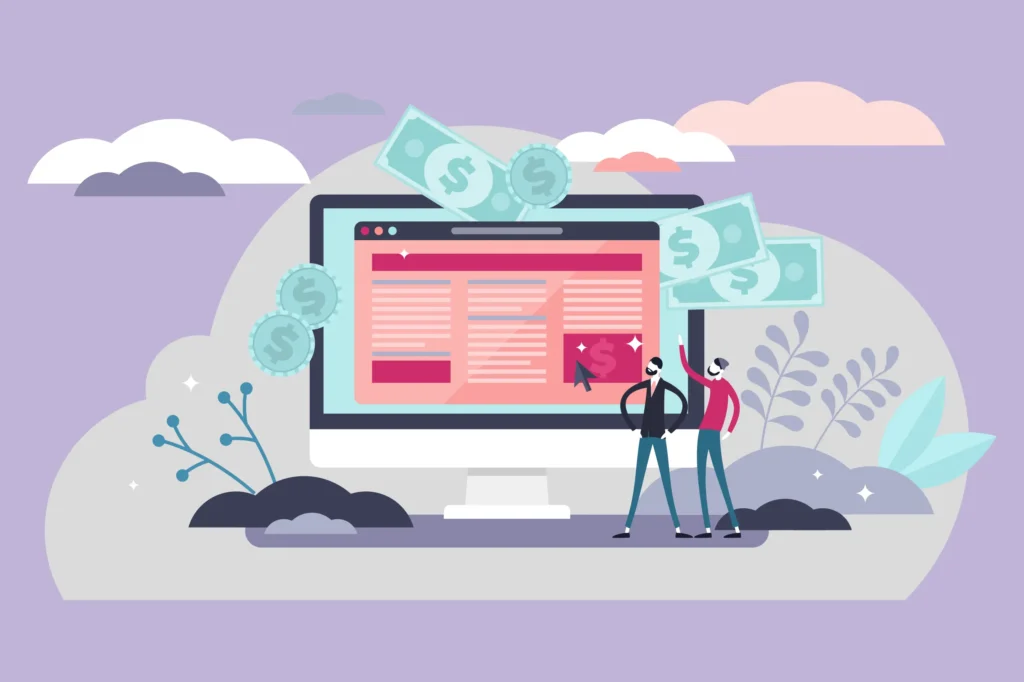 Stylized illustration of a computer screen with dollar signs and currency, representing online monetization