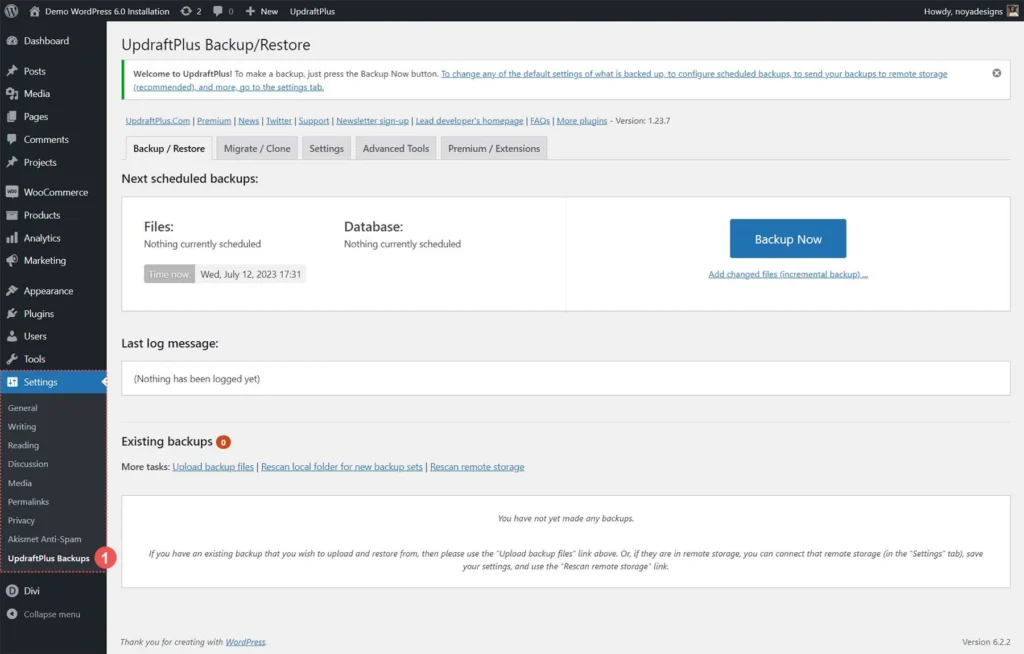 Screenshot of UpdraftPlus plugin in WordPress dashboard showing backup options and status indicators