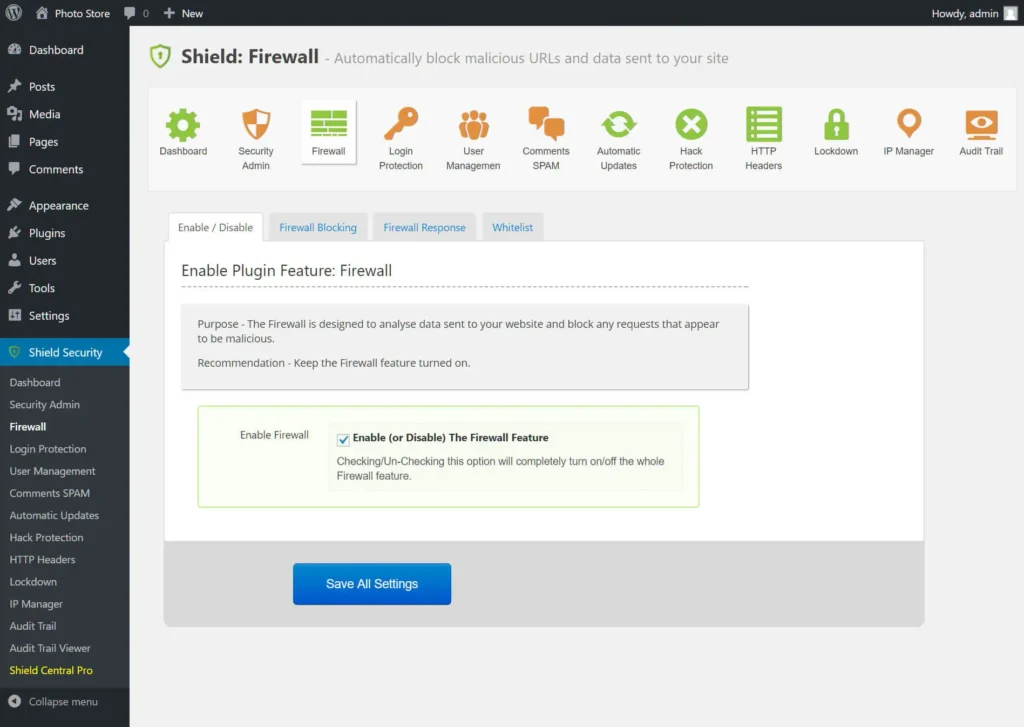 Screenshot of Shield Security plugin in WordPress dashboard showing firewall enablement and configuration options
