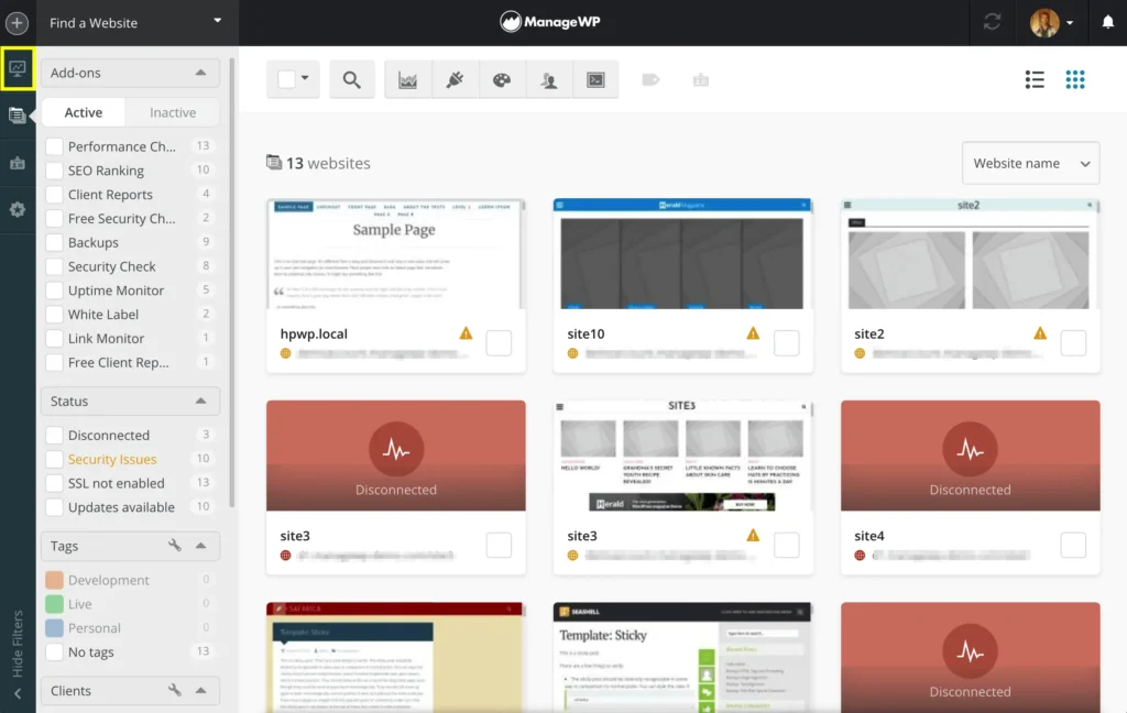 ManageWP dashboard showing plugin status, security issues, and update indicators across multiple WordPress sites