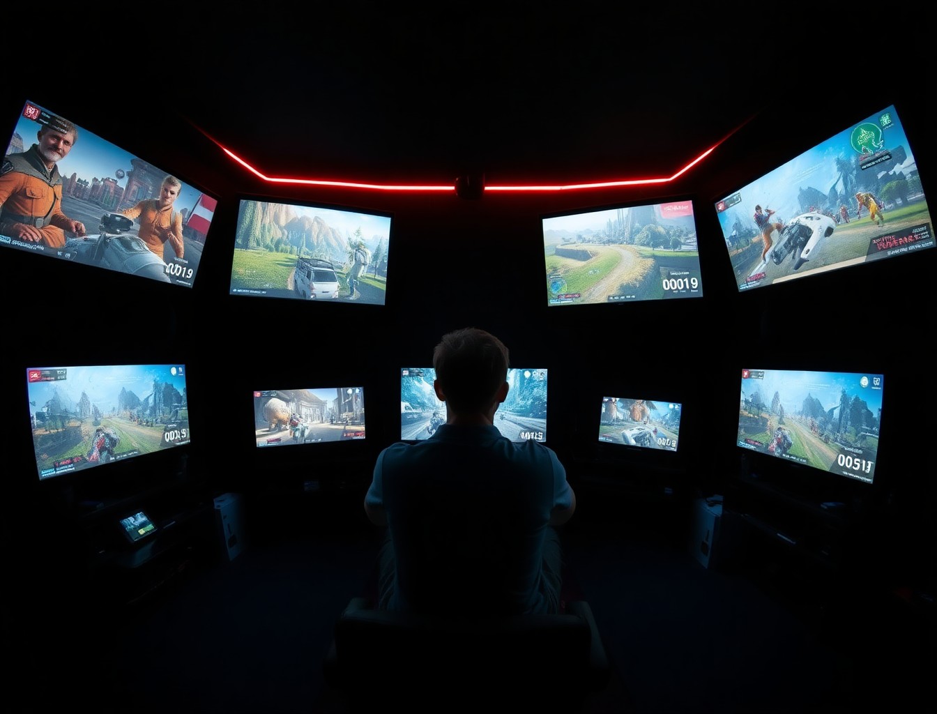 Gamer in a dark room surrounded by screens