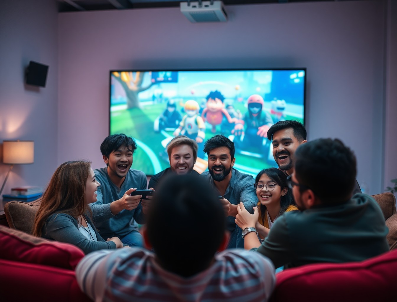 Friends playing multiplayer game on a large screen