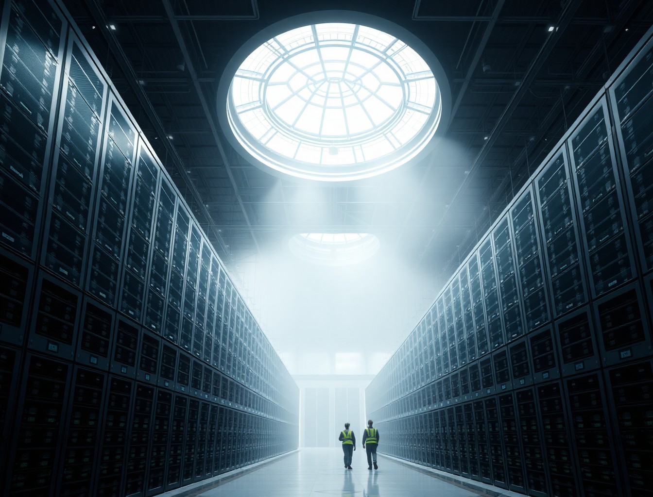 Modern Data Center with Server Racks and Technicians