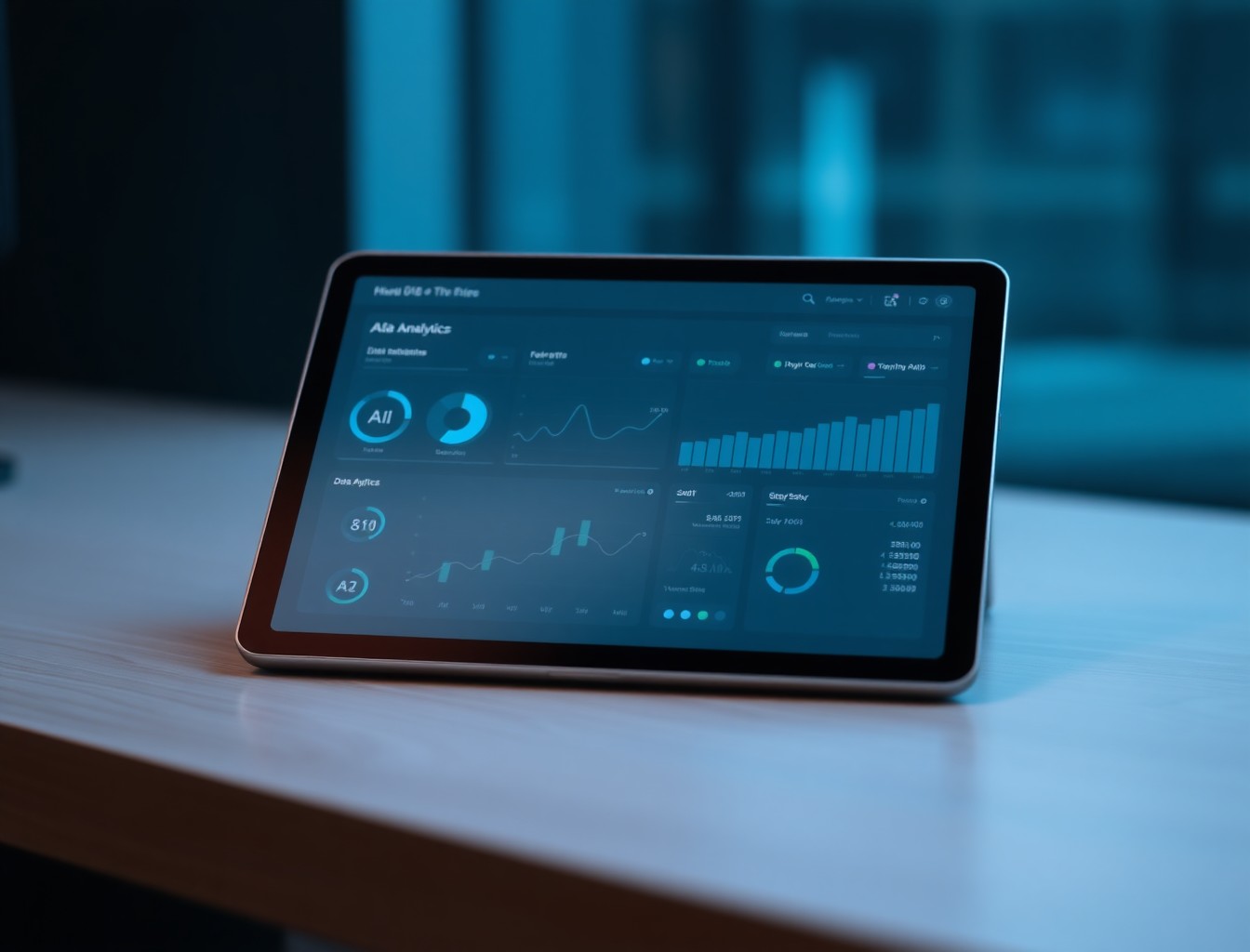 Futuristic Tablet Computer with AI Data Analytics Dashboard